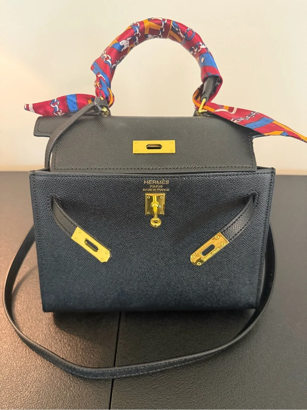 Structured Black 20cm (mini) Satchel with Gold Hardware and Red Scarf Accent